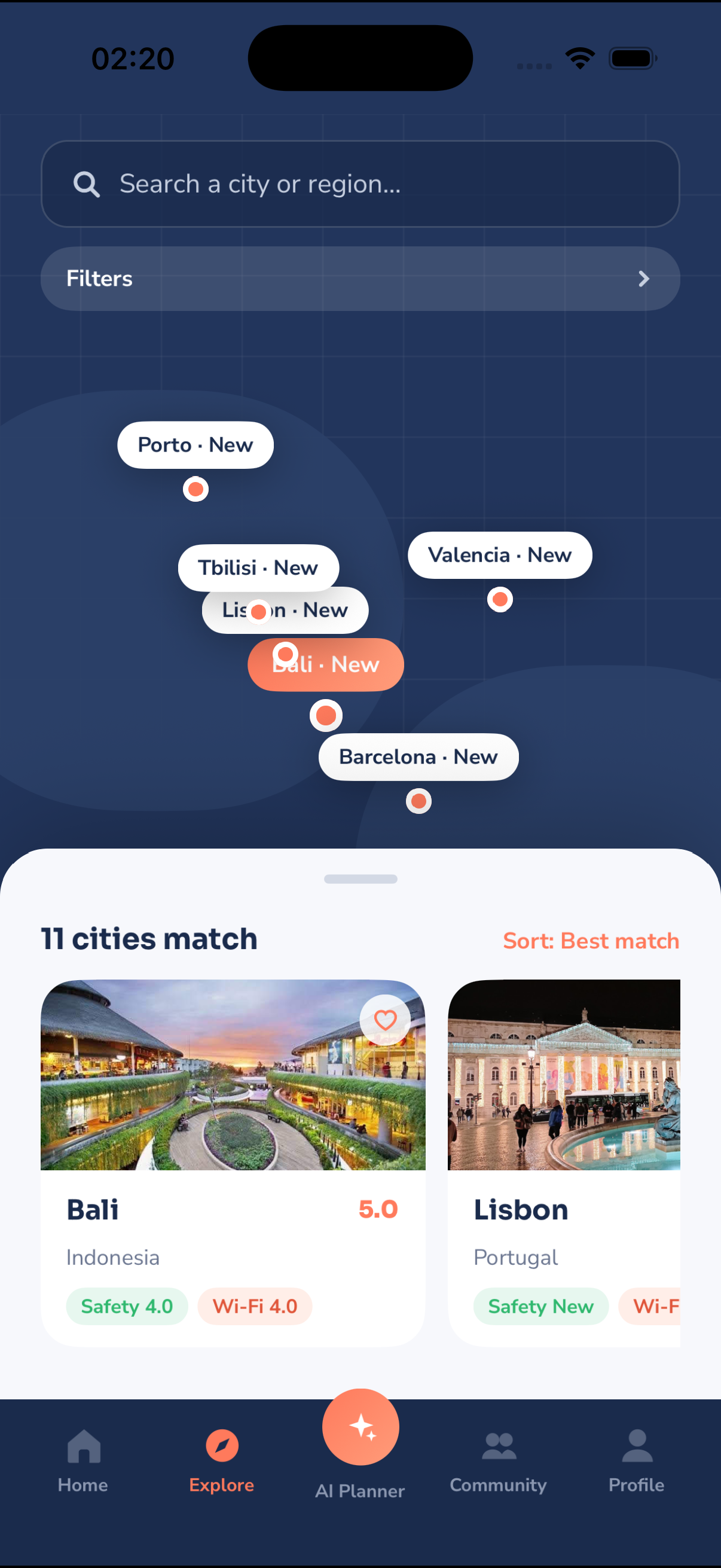 Explore cities in the Valiseio app