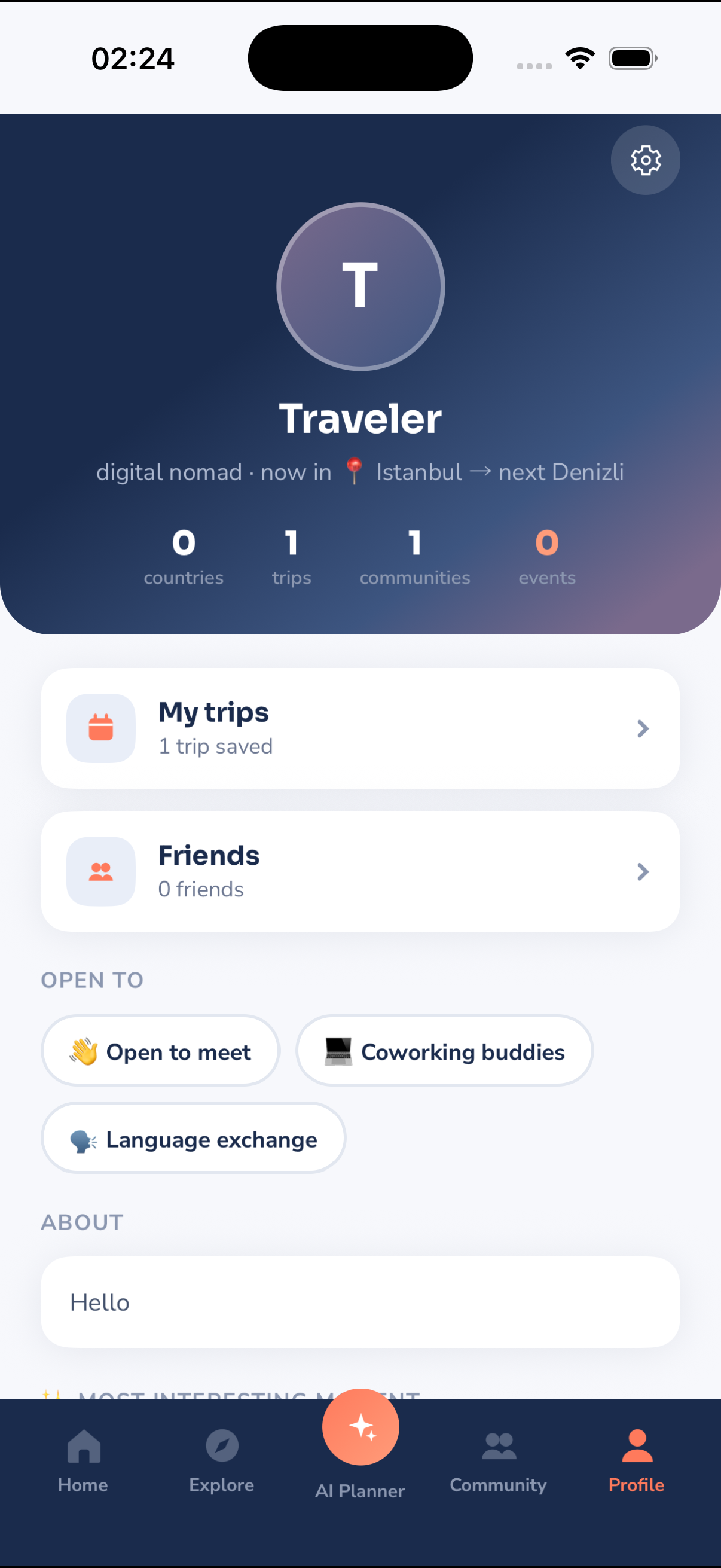 Traveler profile in the Valiseio app